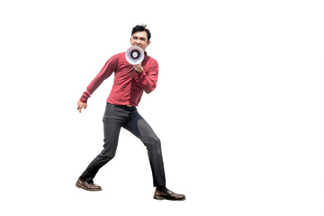 Man Shouting Through Megaphone in Dynamic Pose Isolated on White Background