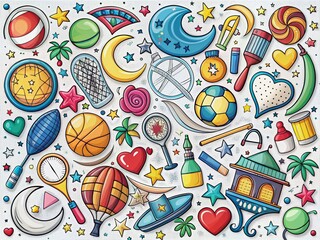 Naklejka premium Diverse Doodle Collection: Sports, Logistics, Ramadan, Banking & More - Rule of Thirds Composition