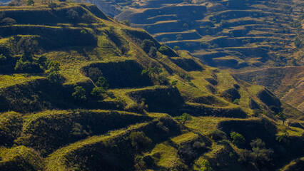 Fantastic mountain nature, Terraces for farming in the mountains. nature of the Caucasus, Republic of Dagestan