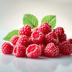 Bunch of red raspberries with green leaves