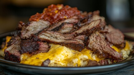 side view of cheesy brisket nachos