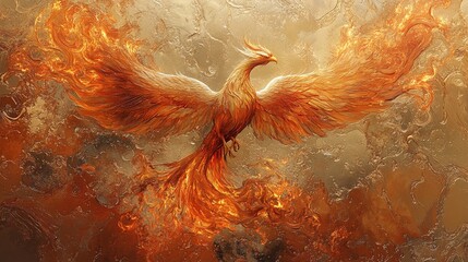Obraz premium A phoenix rising from flames in a gold and orange painting.