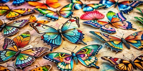 Fototapeta premium Documentary Photography: Delicate Ink & Aquarelle Butterfly Stickers - Close-up Detail Shot