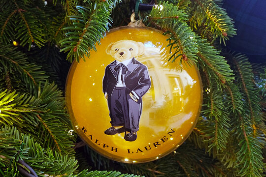 Milan, Italy, December 2, 2024: Christmas Tree Ornament with Ralph Lauren Bear Illustration for Holiday Decor