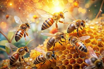 Double Exposure: Bees & Honeycomb - Nature's Golden Symphony