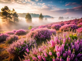 Obraz premium Double Exposure: Blooming Heather & Misty Moorland Landscape