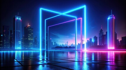 Modern silhouette photography: a stylish blue neon frame glows against an abstract background.