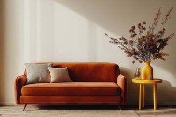Stylish living room features burnt orange velvet sofa with beige, gray cushions. Warm yellow side table holds vase with dried flowers, decorative objects. Natural light highlights modern home decor.