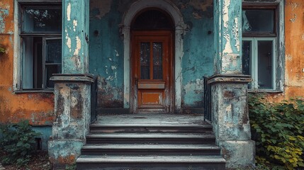 the front door of an abandoned house.