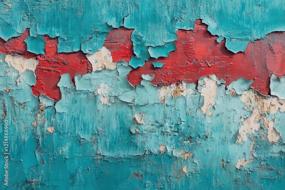 Wall mural Weathered teal wall with peeling red paint offering a textured surface backdrop for creative projects and unique decor inspiration