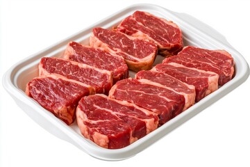 Fototapeta premium Raw Beef Strip Steaks on a White Disposable Tray Ready for Cooking