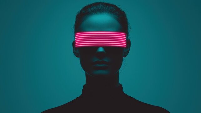 Virtual meetings concept. A silhouette of a woman wearing futuristic pink glasses against a teal background.
