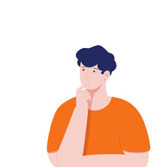 Vector of a man wearing an orange  round neck shirt, wavy blue hair, thinking with his hand on his chin, with a white text box popping up