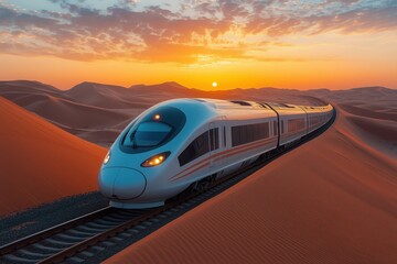 Modern high-speed train is traveling through a vast desert landscape at sunset, showcasing the advancements in transportation technology and the beauty of nature