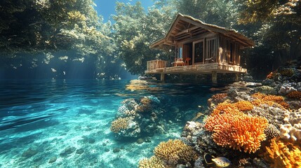 A small wooden hut sitting on top of water surrounded by coral reef.