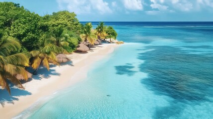 Aerial view of a tropical beach with white sand, palm trees, crystal clear turquoise water and some straw umbrellas inviting to relax and enjoy the summer