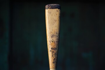Vintage wooden baseball bat resting against a dark background in a rustic setting