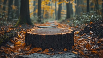 Obraz premium A tree stump surrounded by fallen leaves in a forest.