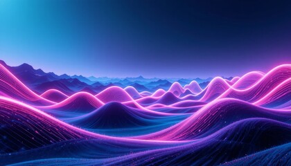 Neon waves glowing in vibrant pink and blue under a dark sky