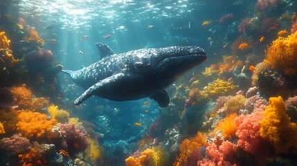Fototapeta premium Whale swimming vibrant coral reef sunlight ocean
