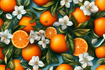 Oranges and Orange Blossoms Seamless Pattern on Blue Background