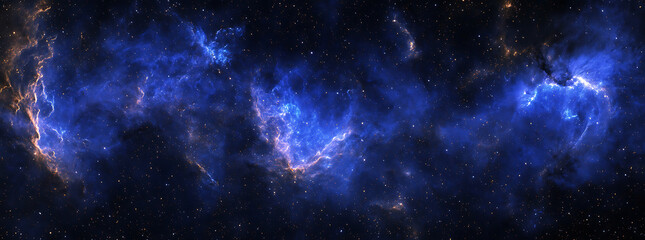 Naklejka premium A panoramic view of the Milky Way galaxy, with stars and nebulae glowing in shades of blue and purple against the black space.