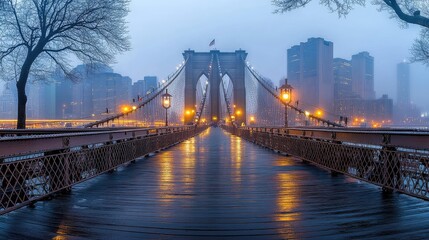 Fototapeta premium Rainy Brooklyn Bridge dawn, city skyline, wet walkway