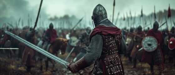 Medieval battle with knights in armour and on horseback. Suitable for historical articles, book covers and fantasy games.