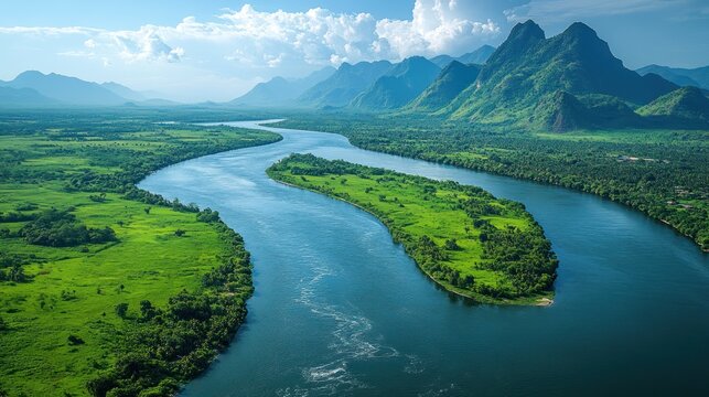 An aerial view of a winding river surrounded by lush green landscape and mountains