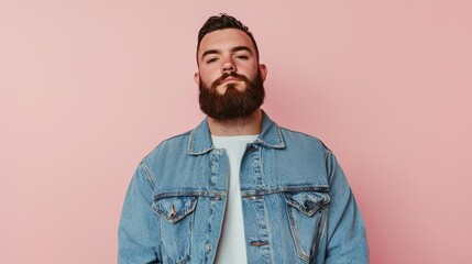 Fototapeta premium Confident Man in Denim Jacket Strikes Cinematic Pose Against Neutral Background - Ultra-Detailed Image