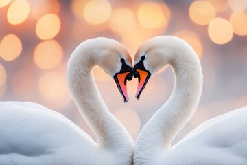 Obraz premium A pair of swans forming a heart shape with their necks as they glide across a serene lake at sunrise