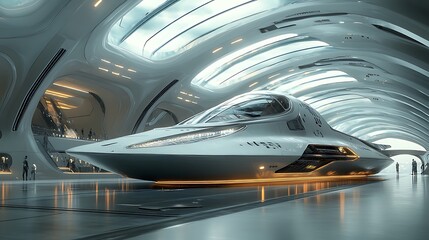 Futuristic, sleek, and metallic design of the spaceship with a glass roof, showcasing its futuristic shape. 