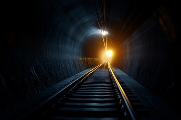 Fototapeta premium Journey through the dark railway tunnel leading to a bright light at the end
