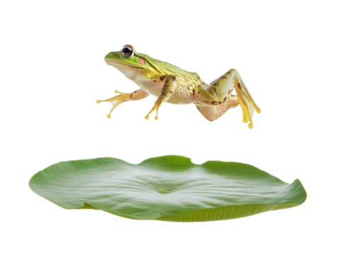 Isolated Green Frog Jumping Above Lily Pad