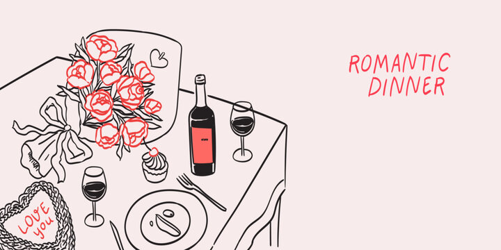 Romantic dinner poster, banner or placard. Wine and flowers bouquet drawing for wedding invitations, cafe menus and parties. Served table for two, couples, lovers in restaurant or home in ink style.