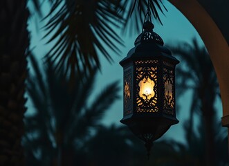 An Islamic lantern glowing softly in the darkness, casting an enchanting glow on its surroundings. The silhouette of palm trees is visible through the background