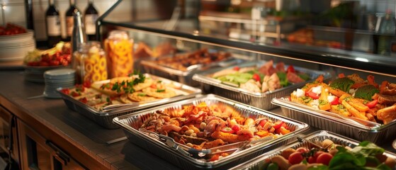 Buffet with a variety of dishes in a cafe. Ideal for restaurant menus, cookery blogs, advertising catering services.