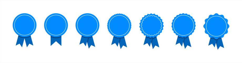 blue ribbon and banner. set of premium quality and guarantee labels isolated on white background. vector 10 eps.