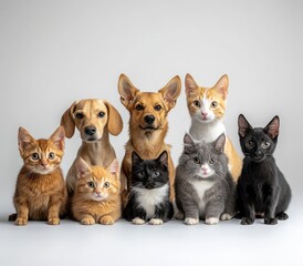 Obraz premium A Heartwarming Gathering of Adorable Pets Featuring Dogs and Cats of Various Breeds and Colors in a Studio Setting, Perfect for Animal Lovers and Pet Enthusiasts