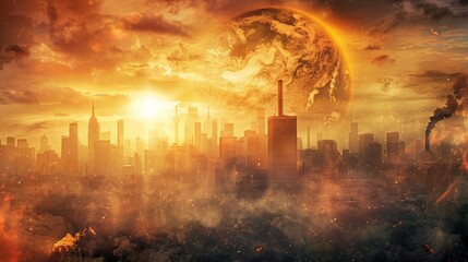 Fantastic cityscape with a burning sky and a planet in the background. Ideal for illustrations in sci-fi books, video game covers and themed posters.