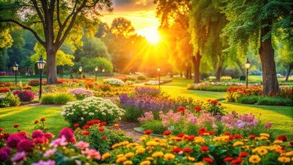 Peaceful landscape, serene garden bathed in soft bokeh, offering a beautiful panoramic vista.