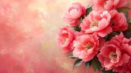 A bouquet of pink peonies with green leaves on a textured background.
