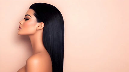 Fototapeta premium Profile of Woman with Long, Straight Black Hair and Peach Background