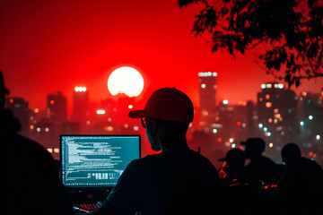 Naklejka premium Silhouetted Person Codes on Laptop with Red Sunset Cityscape Background