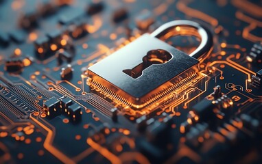 Generative AI concept with a closed padlock on a circuit board background, emphasizing modern cybersecurity and encryption technologies