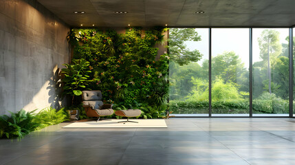 Modern interior design living room features a vertical garden and a comfortable chair with outdoor views.