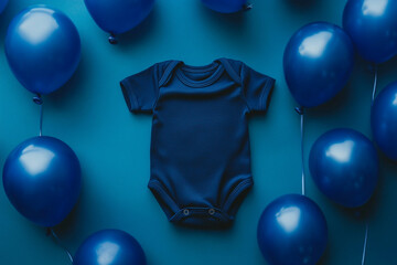 Blue baby onesie surrounded by matching balloons on a blue background with copy space, gender reveal party concept