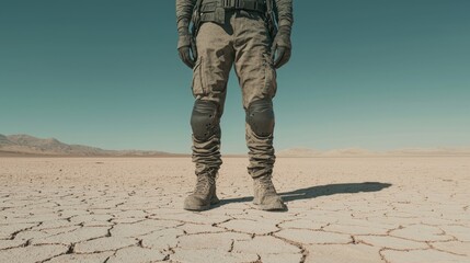 Solitary Figure in Desert: Cinematic Midday Scene with Cargo Pants Wearing Individual in Wide Stance