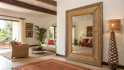 A large mirror framed in woven materials reflects natural light enhancing the spacious feel and showcasing the rooms vibrant colors and textures.