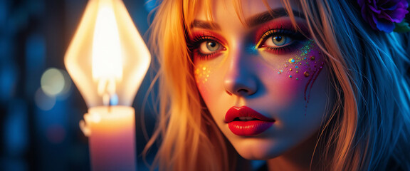 neon lighting, close-up portrait, blonde woman, blue hair streaks, intense gaze, dramatic shadows, candlelight, cyberpunk aesthetic, glowing skin, high contrast, moody atmosphere, futuristic, cinemati